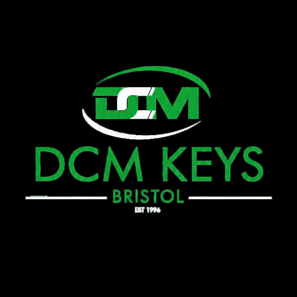 DCM Keys Bristol logo with green oval badge and white horizontal lines, established 1996